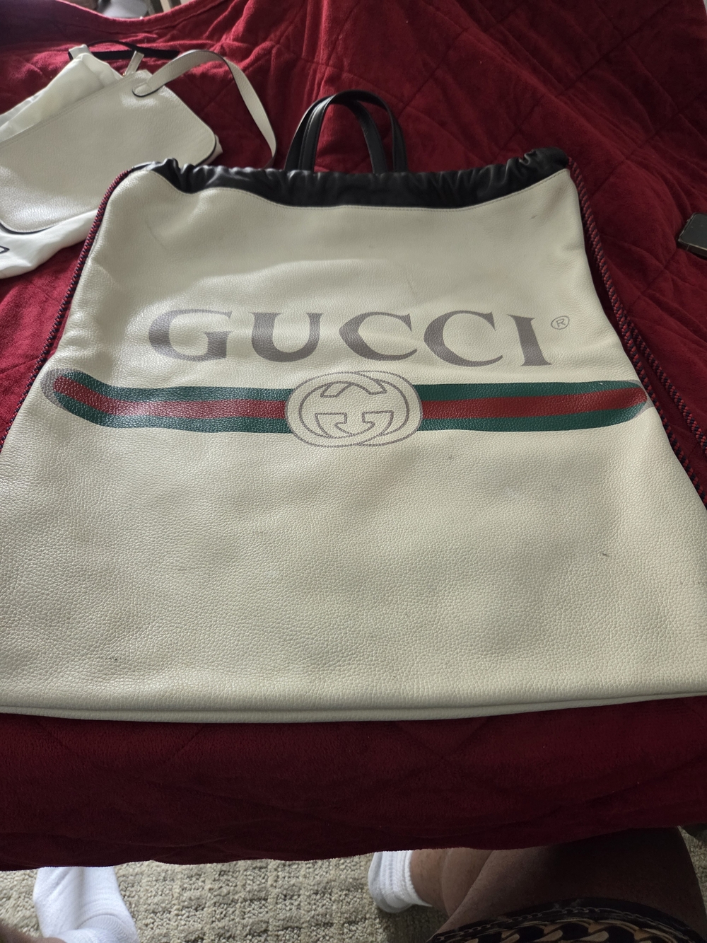 Gucci White Logo Canvas Tote Bag with Green-Red Stripe